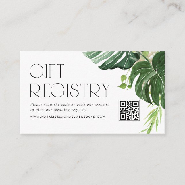 Carte D'accompagnement Registre Mariage de code QR Tropical de Monstera (Devant)