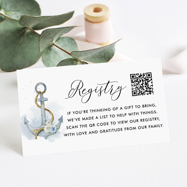 Carte D'accompagnement Registre QR Code pour Baby Shower avec Ancre Fleur (Baby Shower QR code registry card featuring watercolor floral anchor with blue and white flowers.)