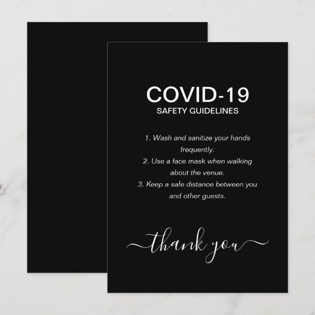 Carte D'accompagnement Règles de sécurité Covid simples en noir et blanc  (Devant / Derrière)