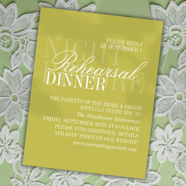 Carte D'accompagnement Répétition de mariage vert citron écriture moderne (Invite guests to join your rehearsal dinner with this Modern Script Citrus Green Card!)