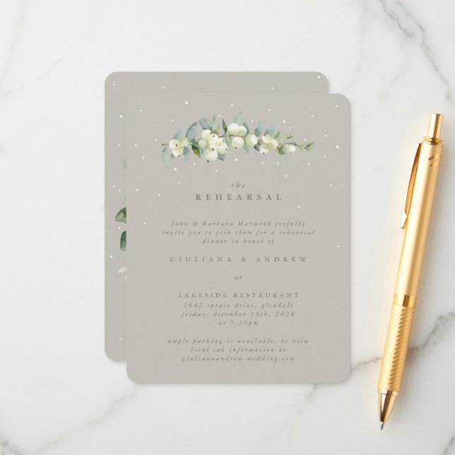 Carte D'accompagnement Répétition Mariage Greige Snowberry+Eucalyptus (Devant/Arrière en situation)