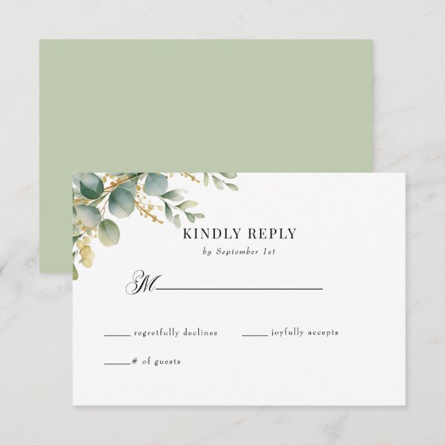 Carte D'accompagnement Réponse au mariage de verdure d'eucalyptus et d'or (Devant / Derrière)