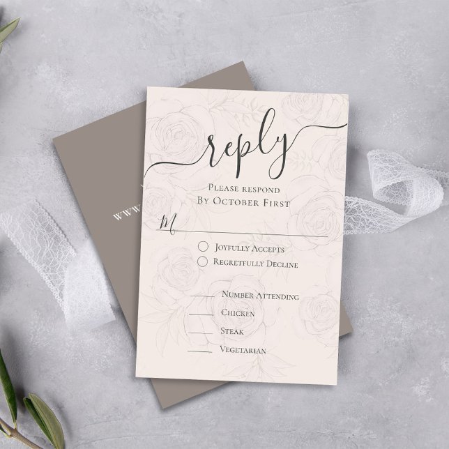 Carte D'accompagnement Réponse classique de Mariage flou (Classic Wedding RSVP card with traditional guest meal option response.)