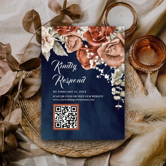 Carte D'accompagnement Réponse de mariage Code QR Bleu Marine Floral Terr (Créateur téléchargé)