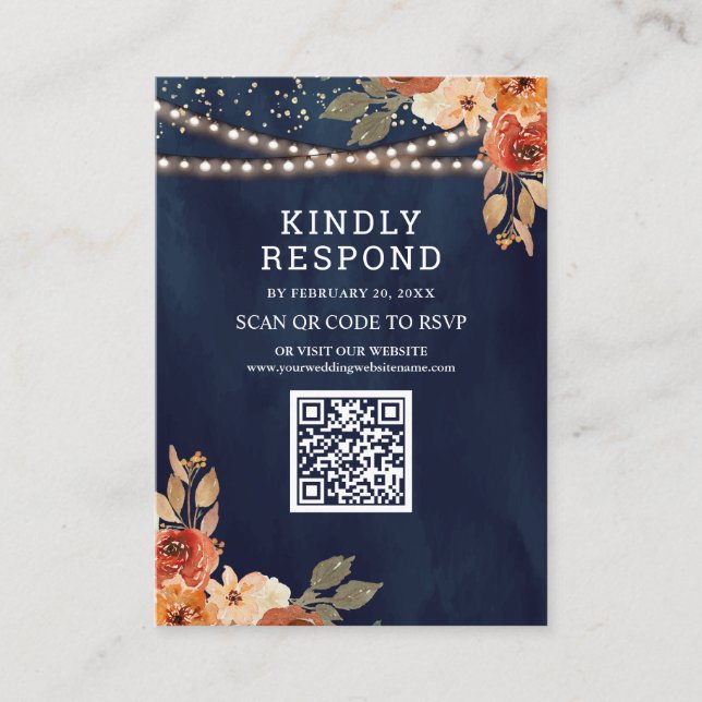 Carte D'accompagnement Réponse de mariage code QR bleu marine florale en  (Devant)