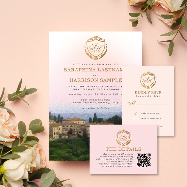 Carte D'accompagnement Réponse de mariage Ornate Gold Crest Peach Toscane (Créateur téléchargé)