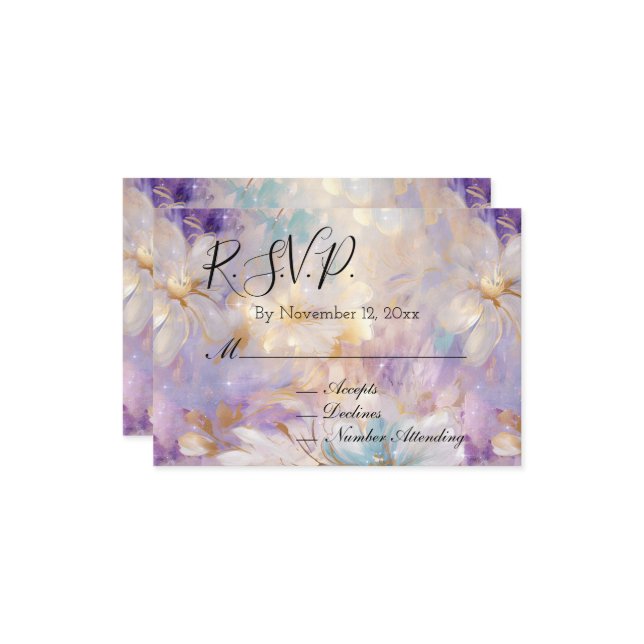 Carte D'accompagnement Réponse Mariage Floral Glamour Or Violet Lavande (Devant/Arrière en situation)