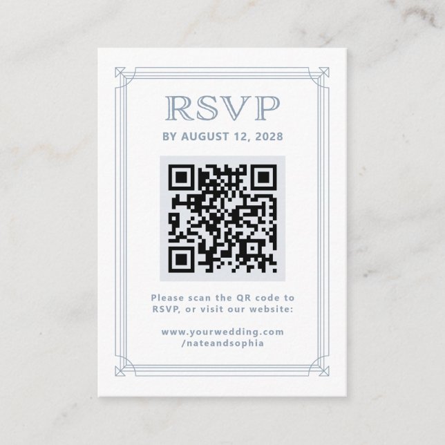 Carte D'accompagnement Réponse Moderne Deco avec Code QR | Blanc et Bleu (Devant)