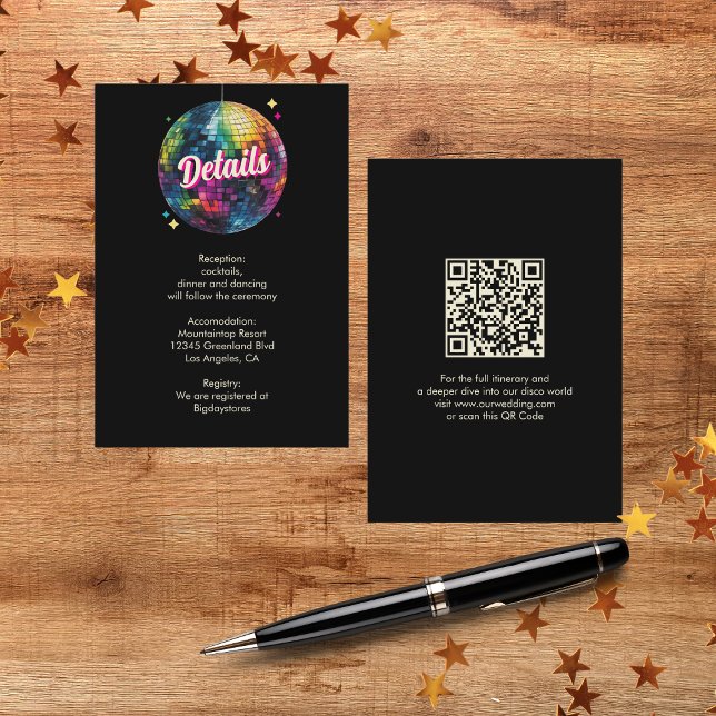 Carte D'accompagnement Retro 70's Party Disco Ball Sparkle Glam Wedding  (Flat lay country music retro vibes wedding groovy musical night glamour QR Code Details Card)