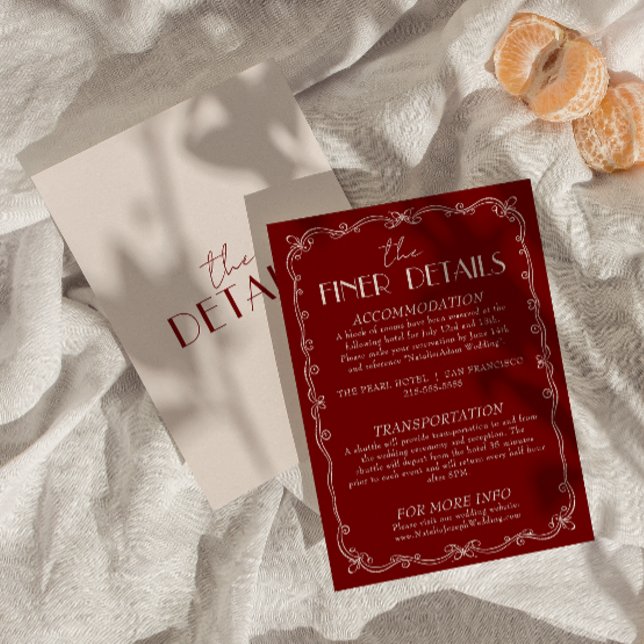 Carte D'accompagnement Retro Deep Red Ivory Old Money Wedding Details  (Créateur téléchargé)