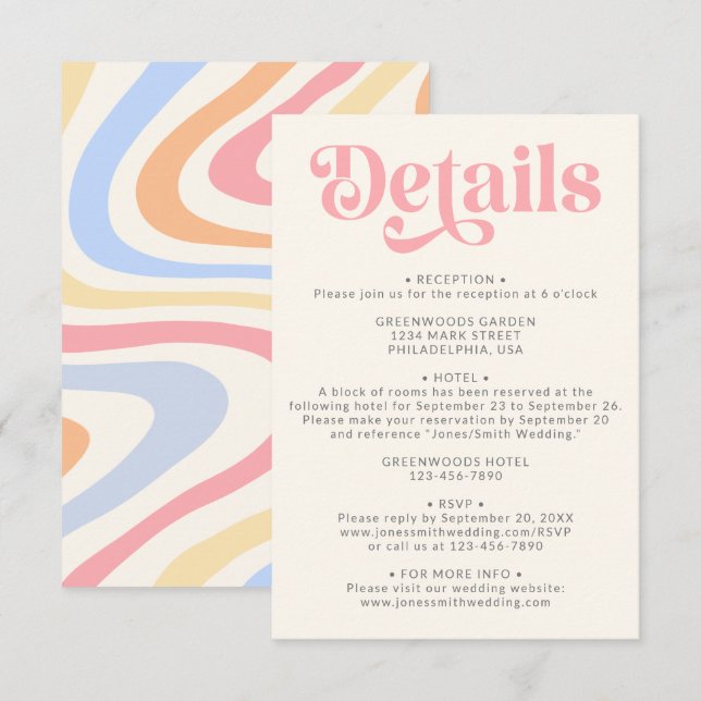 Carte D'accompagnement Retro Modern Pastel Détails du Mariage (Devant / Derrière)