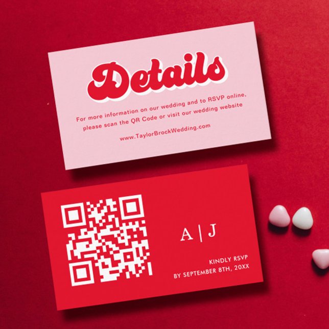 Carte D'accompagnement Retro rose et rouge Détails du Mariage Site Web (Créateur téléchargé)