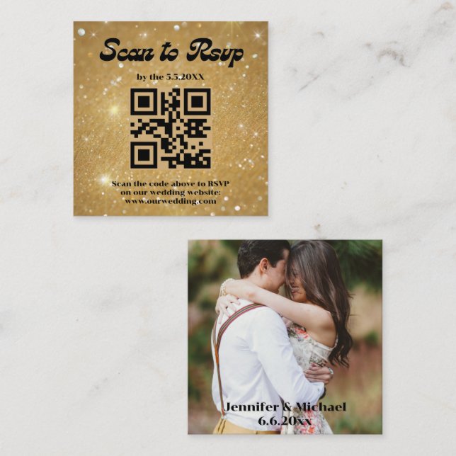 Carte D'accompagnement retro script or rsvp qr code mariage photo (Devant / Derrière)