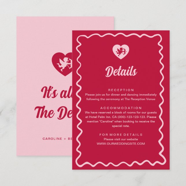 Carte D'accompagnement Retro Wavy Frame Red Pink Cupid Wedding Details (Devant / Derrière)