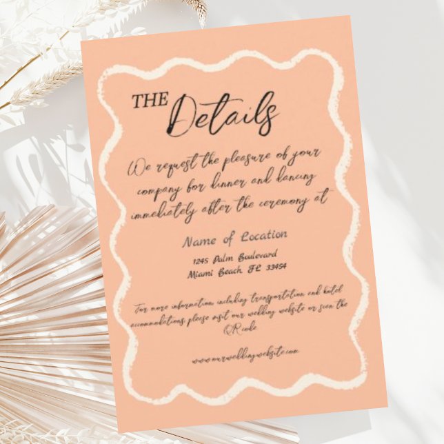 Carte D'accompagnement Retro Wavy Peach Détails du Mariage manuscrit (Créateur téléchargé)