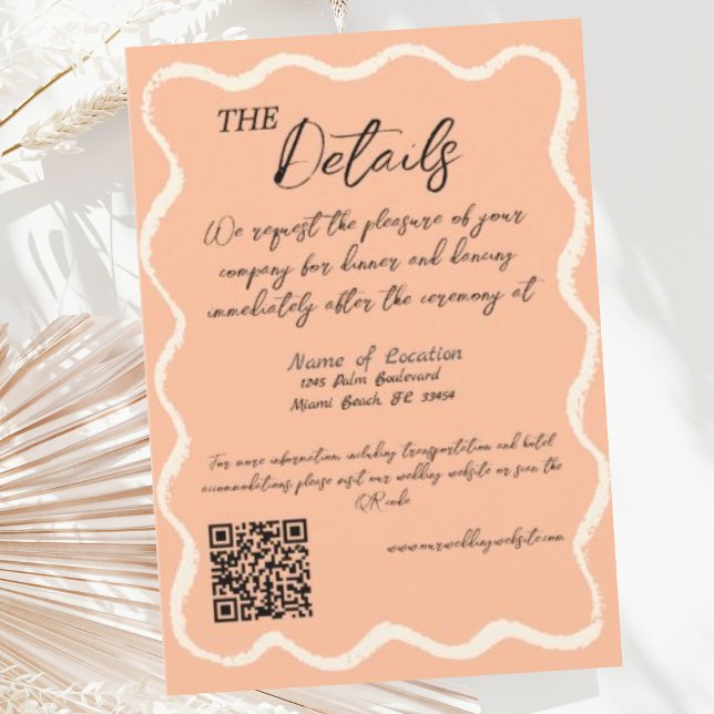 Carte D'accompagnement Retro Wavy Peach Détails du Mariage manuscrit (Créateur téléchargé)