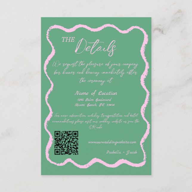Carte D'accompagnement Retro Wavy Pink Green Détails du Mariage manuscrit (Devant)