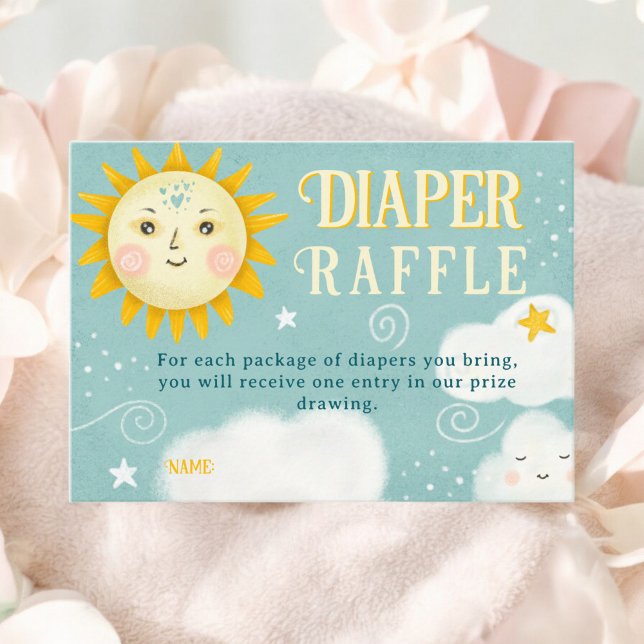Carte D'accompagnement Retro whimsical Sun et Nuages diaper tombole bébé (Retro whimsical Sun and Clouds diaper raffle baby Enclosure Card)