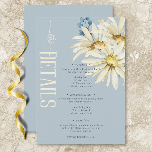 Carte D'accompagnement Robe bleu et blanc rustique Détails du Mariage (Rustic Blue & White Daisies Wedding Details Enclosure Card)
