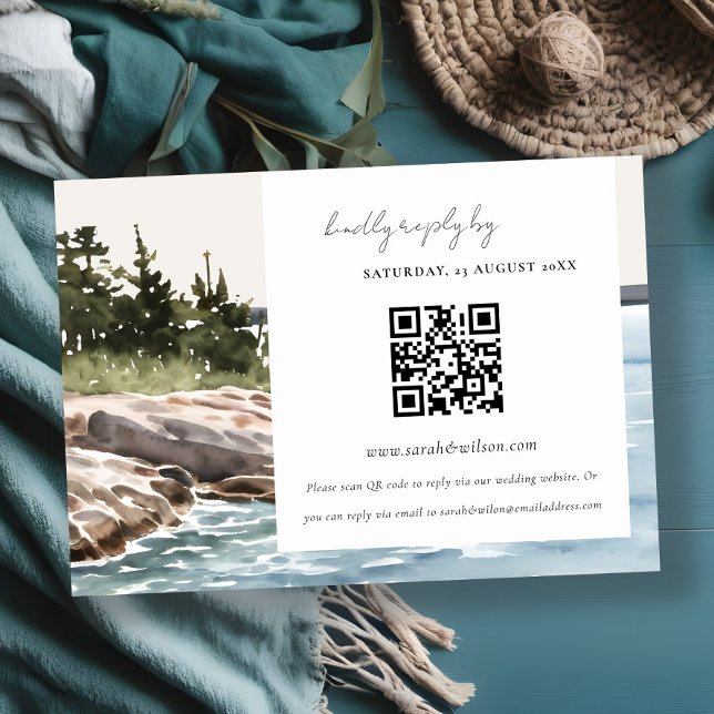 Carte D'accompagnement Rocky Pine Mountain Seascape Mariage QR Code RSVP (Créateur téléchargé)