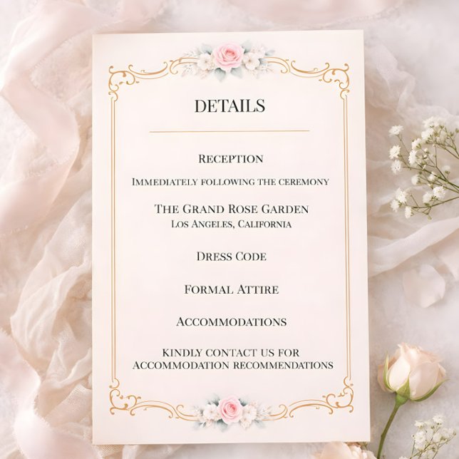 Carte D'accompagnement Rococo Blush Wedding (Details enclosure card for Rococco style luxury ornate wedding)