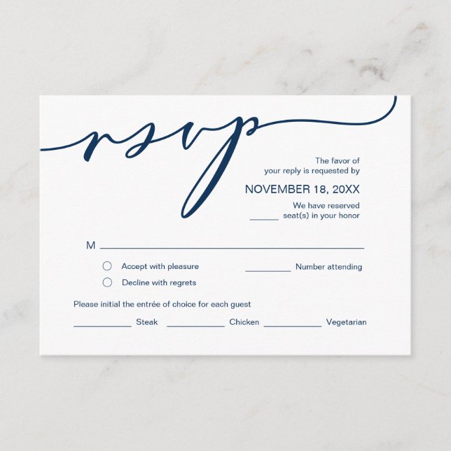 Carte D'accompagnement Romance moderne, Script bleu marine, Mariage RSVP (Devant)