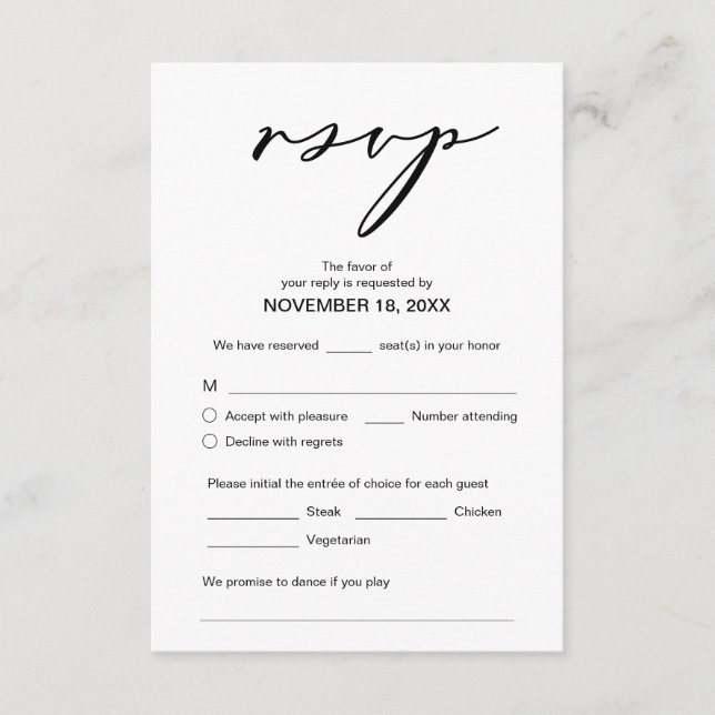 Carte D'accompagnement Romance moderne, Script noir, Dîner Mariage RSVP (Devant)