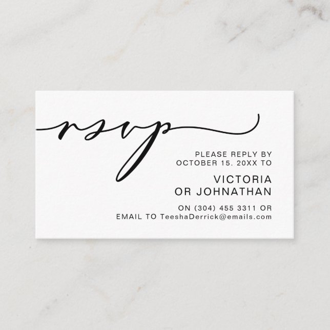 Carte D'accompagnement Romance moderne, Script noir, Mariage RSVP (Devant)