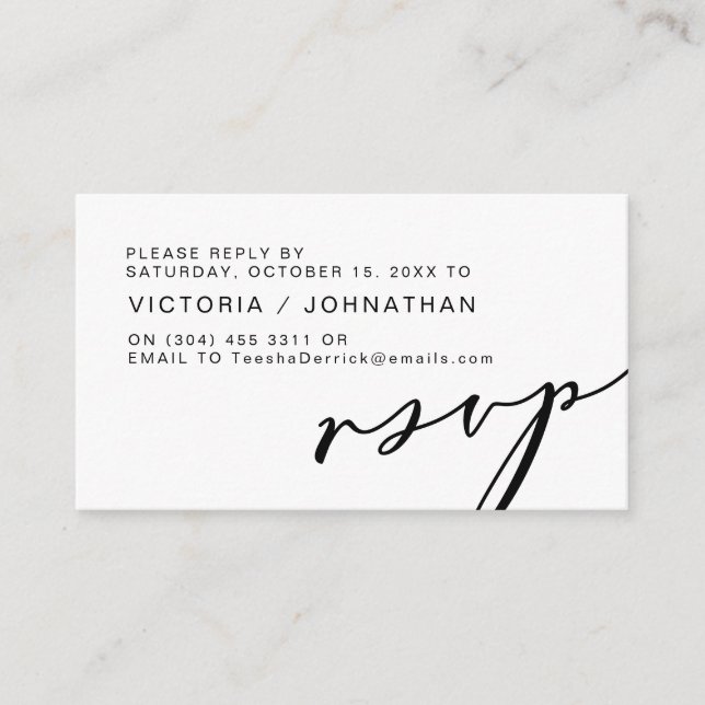 Carte D'accompagnement Romance moderne, Script noir, Mariage RSVP (Devant)