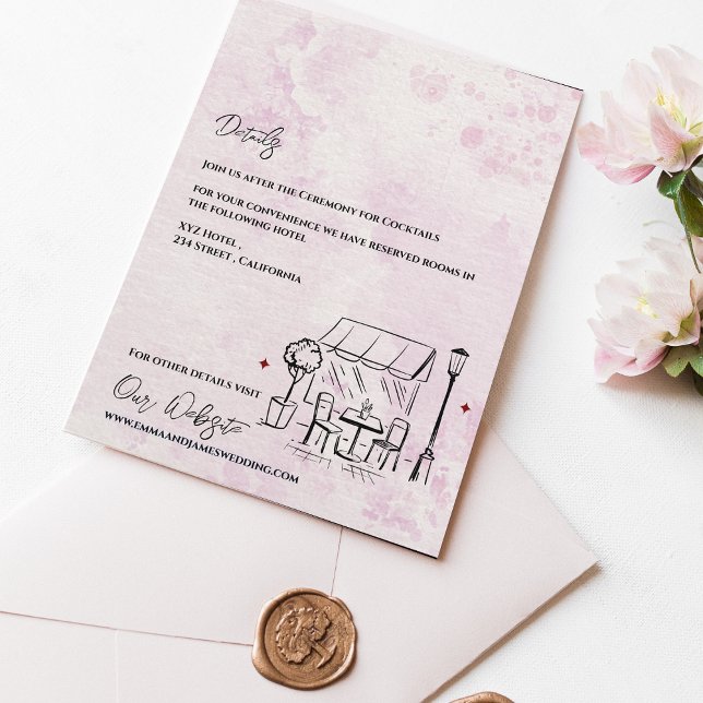 Carte D'accompagnement Romantic Café Sketch Blush Wedding Details (Romantic Café Sketch Blush Wedding Details Enclosure Card)