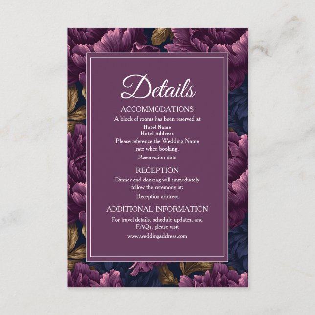 Carte D'accompagnement Romantic Classic Plum Floral  Wedding Details (Devant)