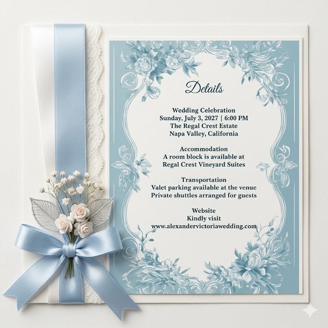 Carte D'accompagnement Romantic French Toile Blue Florals Wedding Details (Romantic French Toile Blue Florals Wedding Details Enclosure Card)