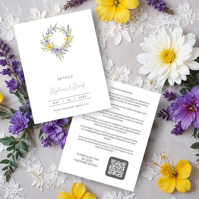 Carte D'accompagnement Romantic Minimal Wedding Yellow & Lavender Wreath (Romantic Minimalist Wedding Yellow & Lavender Wreath Enclosure Cards.)