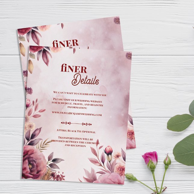 Carte D'accompagnement Romantic Pink Blush Floral Wedding Finer Details (Blush Floral Wedding Finer Details Card | Romantic Pink Botanical Enclosure)