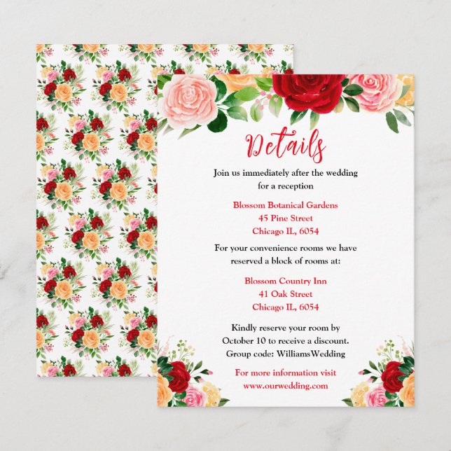 Carte D'accompagnement Romantic Red and Orange Roses Wedding Details (Devant / Derrière)