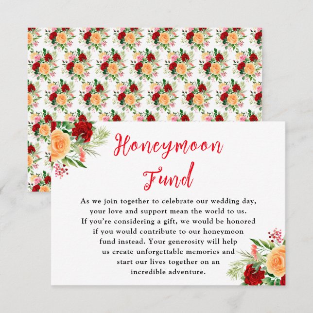 Carte D'accompagnement Romantic Roses Floral Wedding Honeymoon Fund (Devant / Derrière)