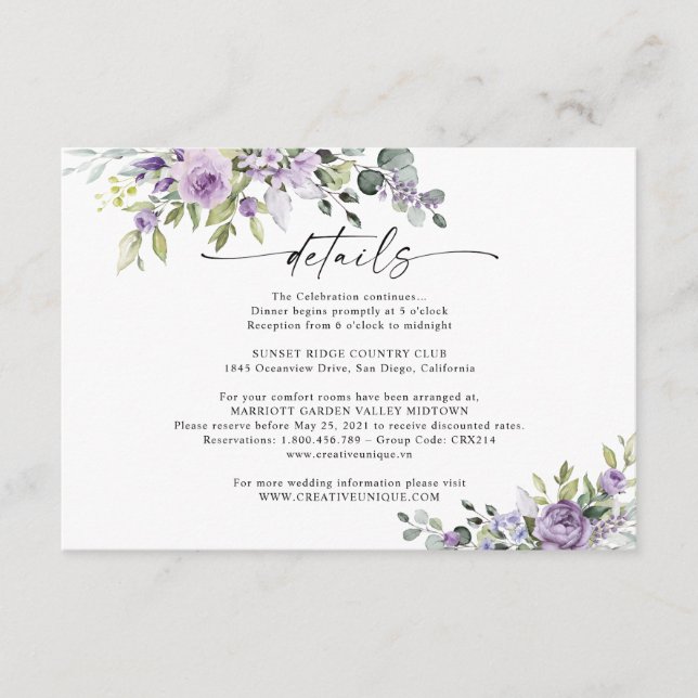 Carte D'accompagnement Romantic Violet Flowers Wedding Details Card (Devant)