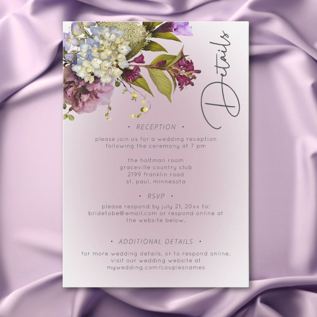 Carte D'accompagnement Romantique Blanc & Violet Floral Détails modernes (Romantic White & Purple Floral Modern Details Enclosure Card)