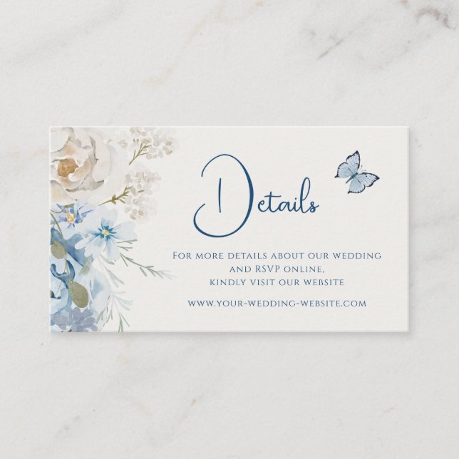 Carte D'accompagnement Romantique Dusty Blue Floral Détails Mariage (Devant)