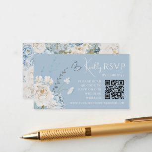 Carte D'accompagnement Romantique Dusty Blue Floral Wedding RSVP QR Code