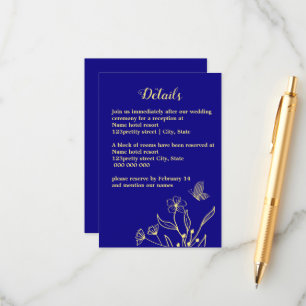 Carte D'accompagnement Romantique élégante fleur or royal bleu mariage