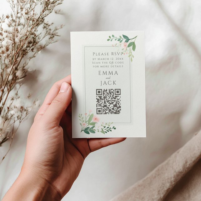 Carte D'accompagnement Romantique rose vert rose de mariage floral RSVP Q (Pretty pink flowers and green leaves botanical frame RSVP QR Code card)