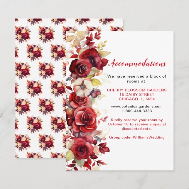 Carte D'accompagnement Romantique Roses Rouges Florales Mariage Hébergeme (Devant / Derrière)