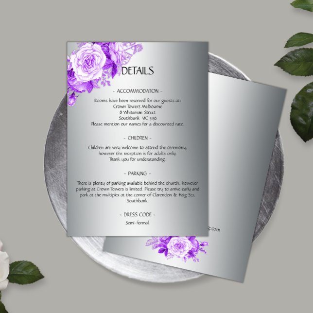 Carte D'accompagnement Romantique violet Élégance Roses Mariage argent (Créateur téléchargé)