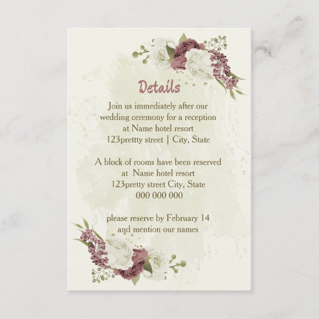 Carte D'accompagnement rose blanc poussiéreux fleurs détails mariage (Devant)