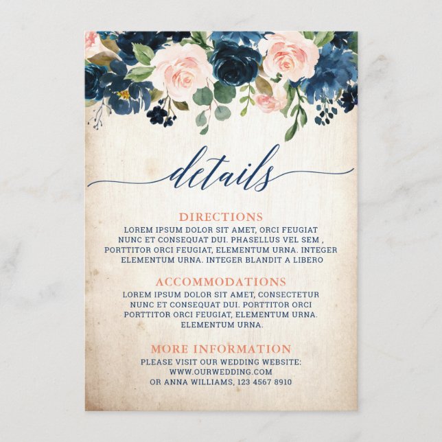 Carte D'accompagnement Rose bleu bleu bleu marine Boho Rustique Mariage D (Devant)