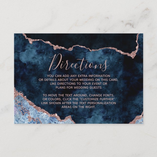 Carte D'accompagnement Rose bleu marine Gold Foil Agate Mariage Direction (Devant)