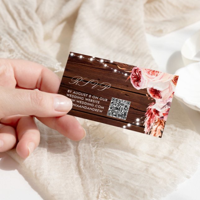 Carte D'accompagnement Rose bohémien Rustique Mariage de bois QR Code RSV (Créateur téléchargé)