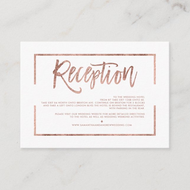 Carte D'accompagnement Rose cadre or script blanc simple réception (Devant)