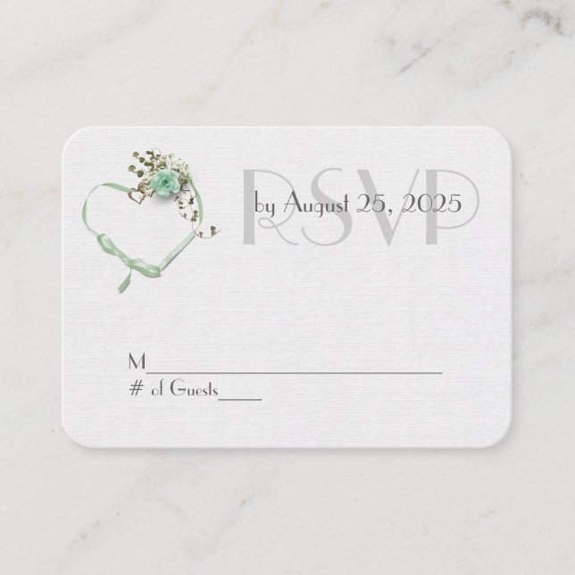 Carte D'accompagnement rose de mariage vert menthe et coeur ruban RSVP (Devant)